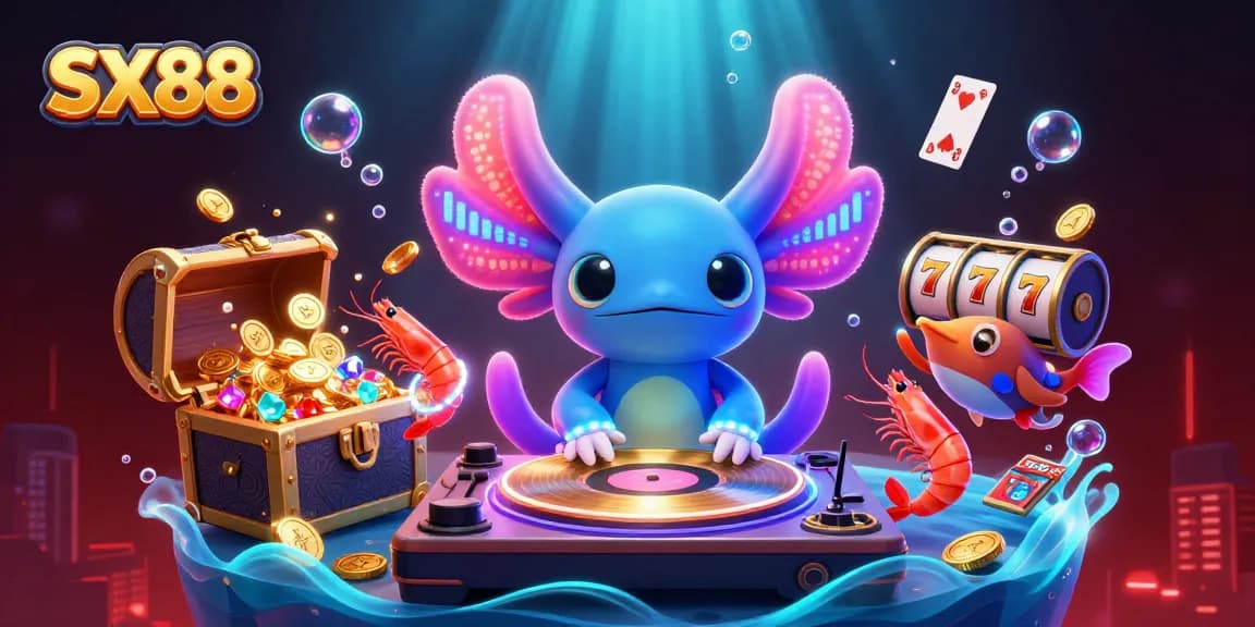 SX88's vibrant underwater casino scene featuring a DJ axolotl and dancing shrimp with gold coins and slot reels.