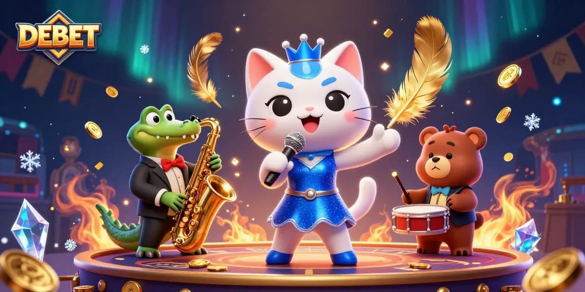Experience DEBET gaming action with vibrant characters in a lively casino atmosphere.
