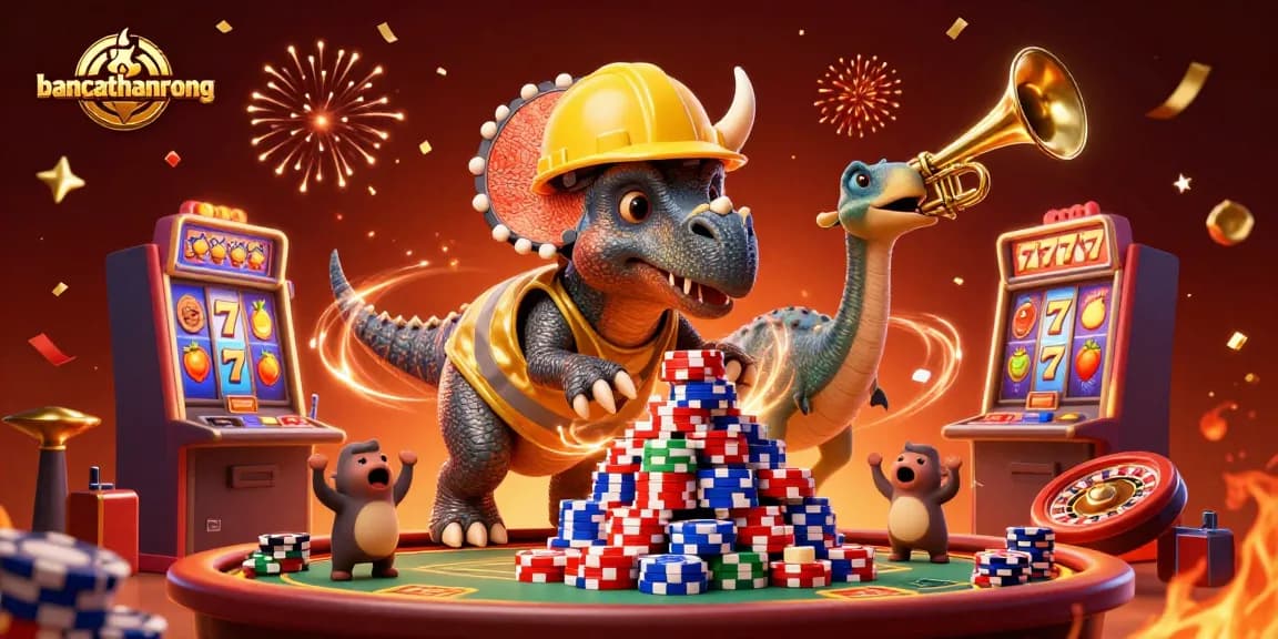Engage in thrilling games at bancathanrong with cartoon characters building poker chip pyramids and festive elements.