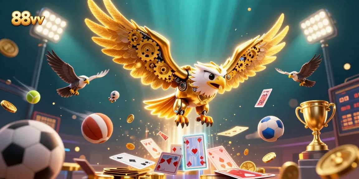 Experience thrilling gameplay with 88vv as a cybernetic eagle navigates through casino elements.