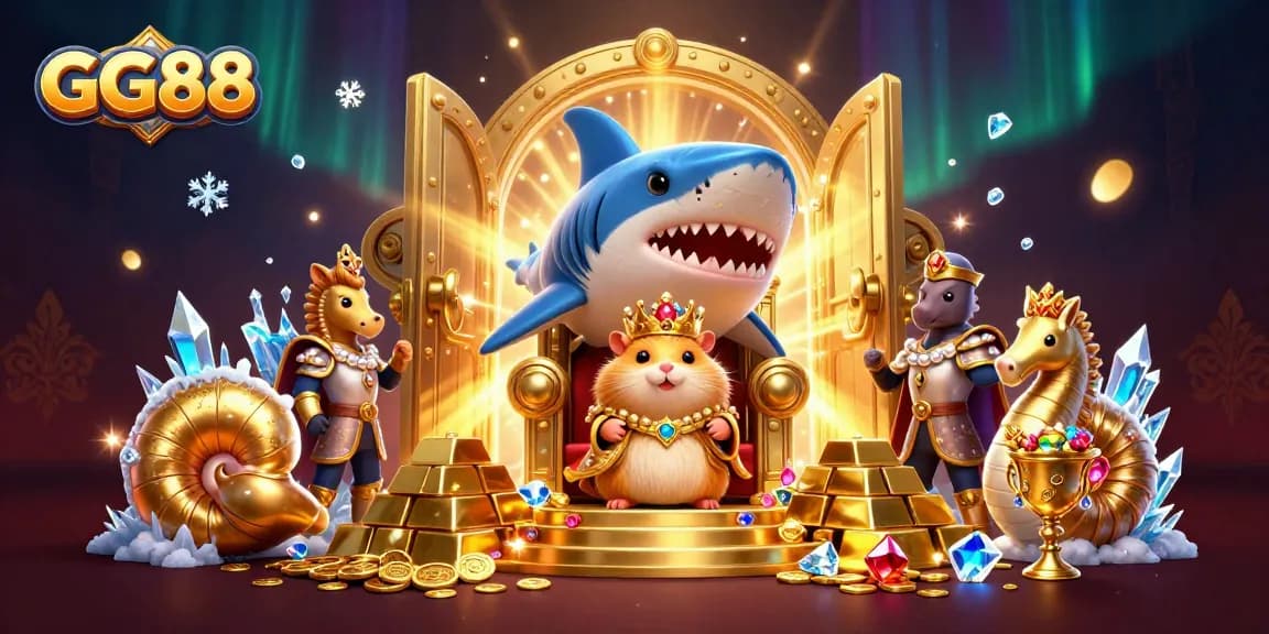 Experience the exhilarating thrill of GG88 with a vibrant 3D scene showcasing a golden hamster king and treasure in a thrilling casino atmosphere.