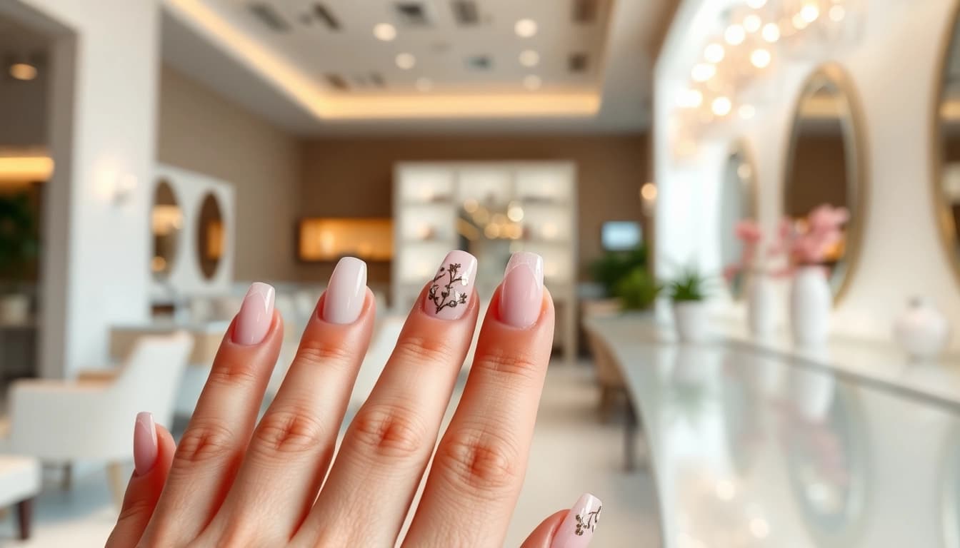 Stylish nail extensions showcased in a luxury salon with intricate designs and pastel colors.