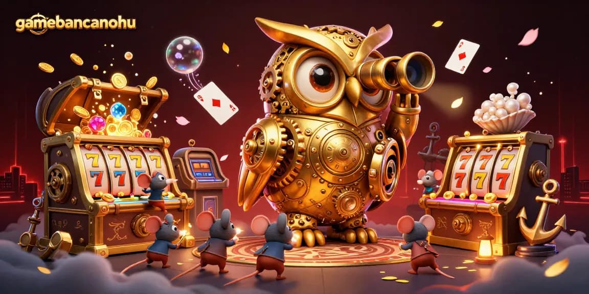 Spin to win with gamebancanohu's vibrant 3D casino scene featuring golden owl and slot machines.