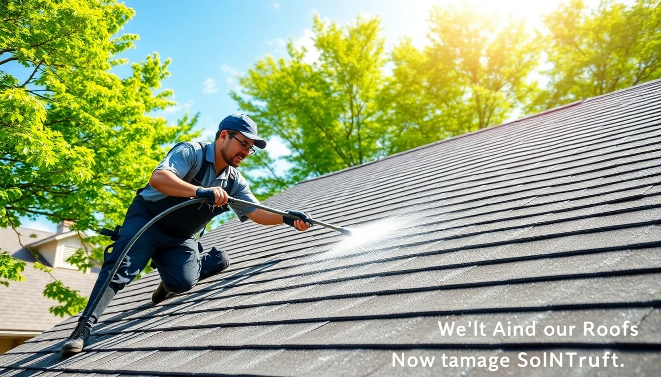 Roof Cleaning technician applying gentle method on a home's rooftop, ensuring safety and effectiveness.