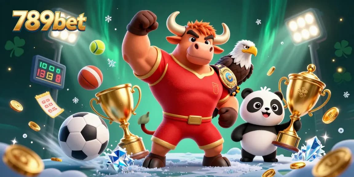Bet on thrilling games with 789bet's mascot champions, celebrating wins in a vibrant casino scene.