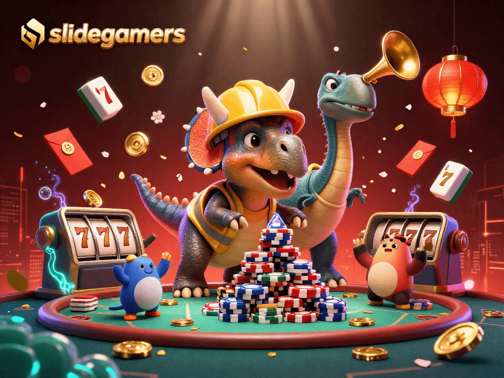 Engage with slidegamers as a triceratops builds a poker chip pyramid, cheerfully celebrated by vibrant casino elements.