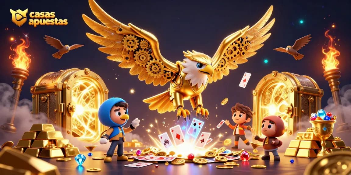 Las casas apuestas en 2026 presentan una escena vibrante con un águila dorada y cartas holográficas volando en un entorno de juego.