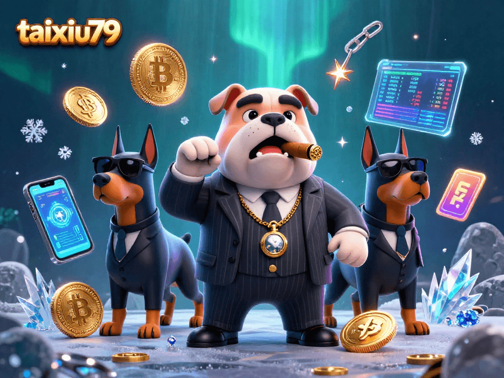 Engage in thrilling bets at taixiu79 with playful cartoon mafia characters and vibrant casino elements.