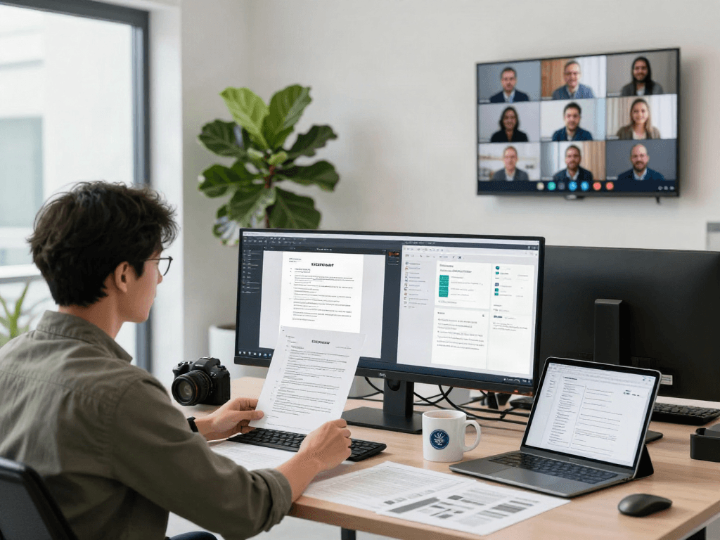 Data analyst using a document fraud detection solution, analyzing digital images and algorithms in a modern office.