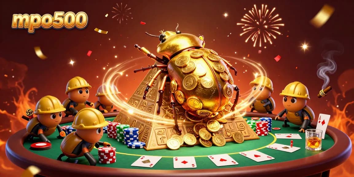 Experience the dynamic action of mpo500 with a golden beetle rolling coins at a vibrant casino scene.