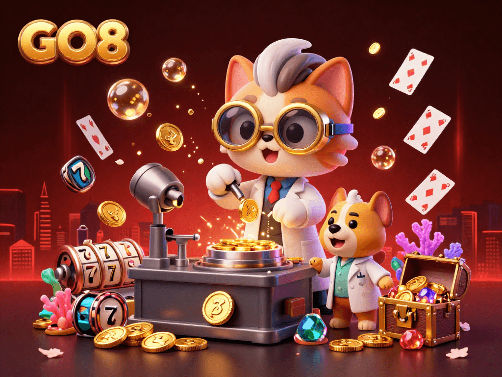 Experience GO8's vibrant casino atmosphere with a mad scientist cat and lab assistant surrounded by gems and lucky slot machines.