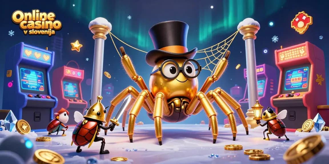 Vznemirljiva scena z liki, ki igrajo igre v online casino v Sloveniji z zlato tarantulo in kovačkim vitezem.