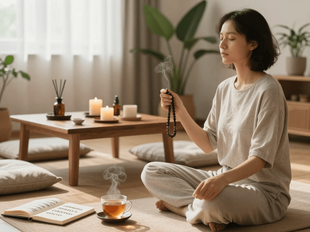 Immerse in a peaceful meditation scene with mantra88 beads and relaxing ambiance.
