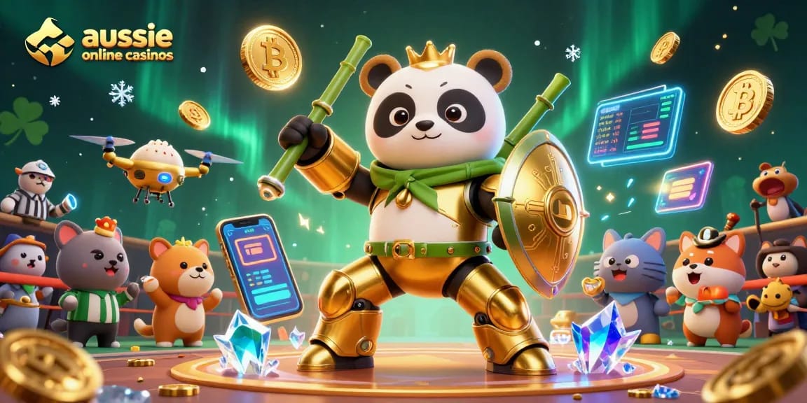 Engage with aussie online casinos through this illustration of a golden panda piloting a bamboo robot in a vibrant casino scene.