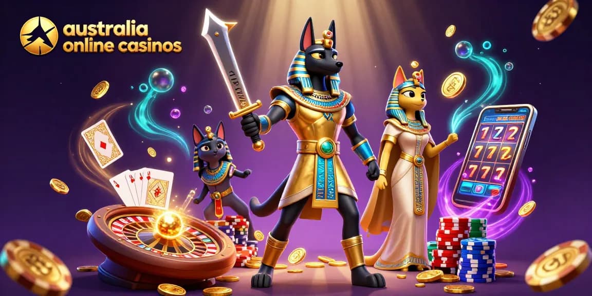 Cascading golden coins enhance the allure of australia online casinos with Anubis and Bastet amidst dynamic gaming elements.