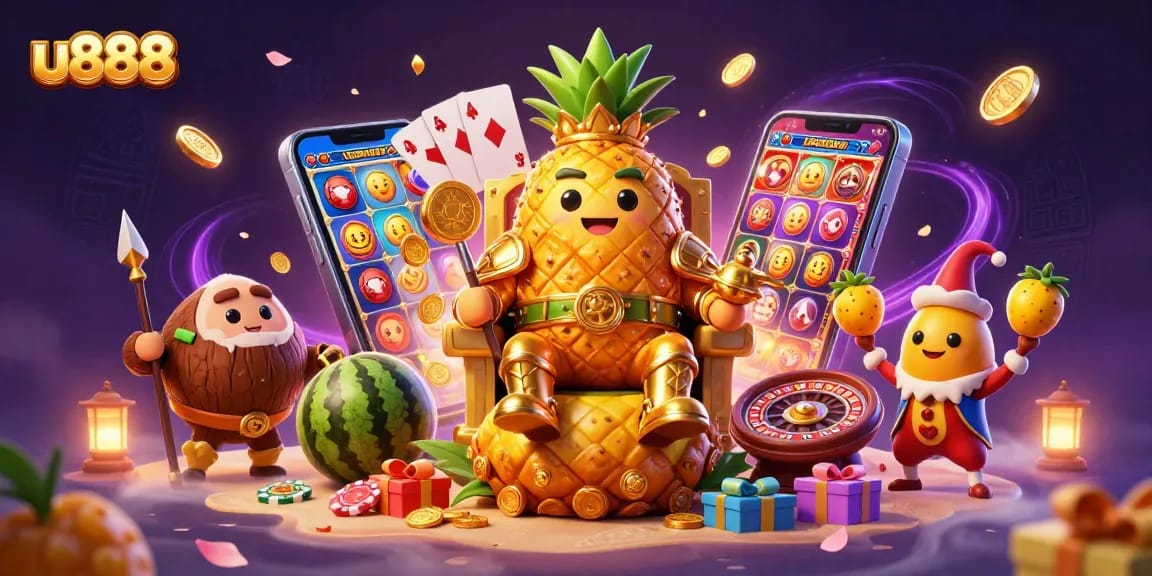 Experience thrilling gaming action at u888 with an engaging casino scene featuring a golden pineapple king.
