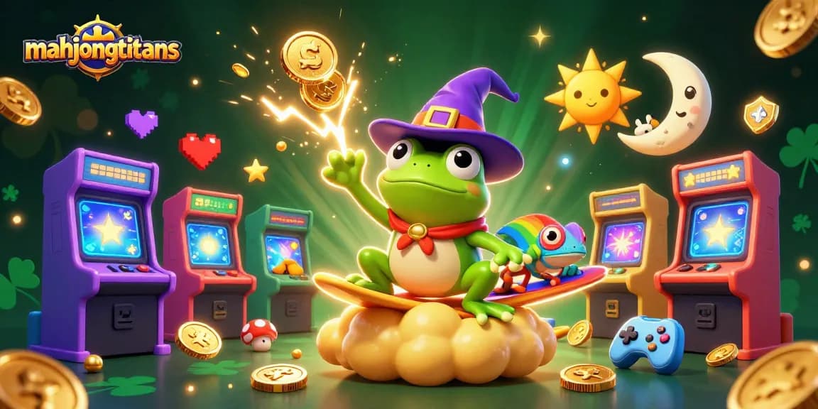 Engage with mahjongtitans while the wizard frog conjures a golden coin storm amid colorful arcade elements.