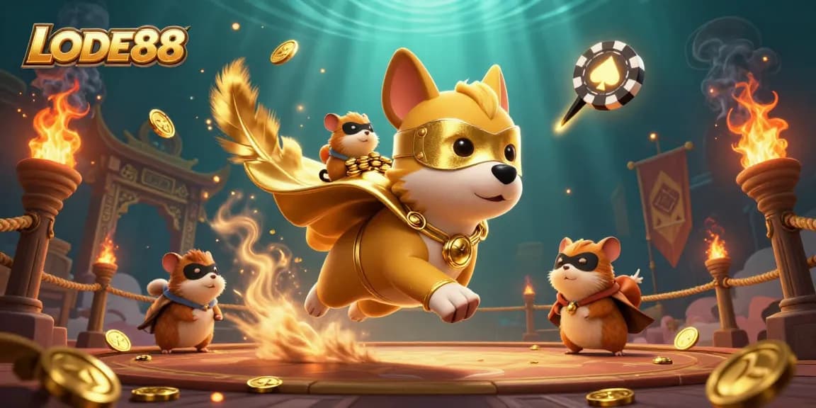 LODE88 brings excitement with a superhero dog carrying gold coins in a vibrant casino scene.