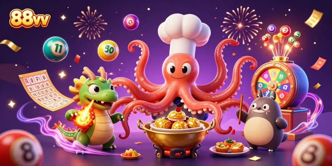 88vv features a lively illustration capturing an octopus chef and dragon in a dynamic casino scene.