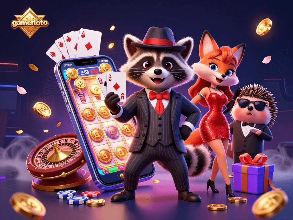 Experience the thrill of gaming with gamerloto's vibrant casino scene featuring a charming raccoon and fox.