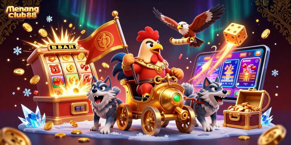Experience tension-filled wins at menangclub88 with a 3D scene of a golden war chariot and dynamic casino elements.