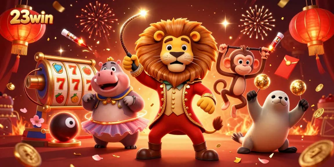 Experience the thrill of 23win slots with a dynamic 3D carnival scene featuring vibrant characters.
