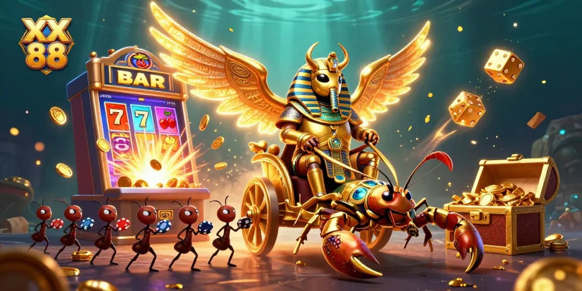 Experience winning at XX 88 with a cartoon scene of golden scarabs and vibrant casino games.
