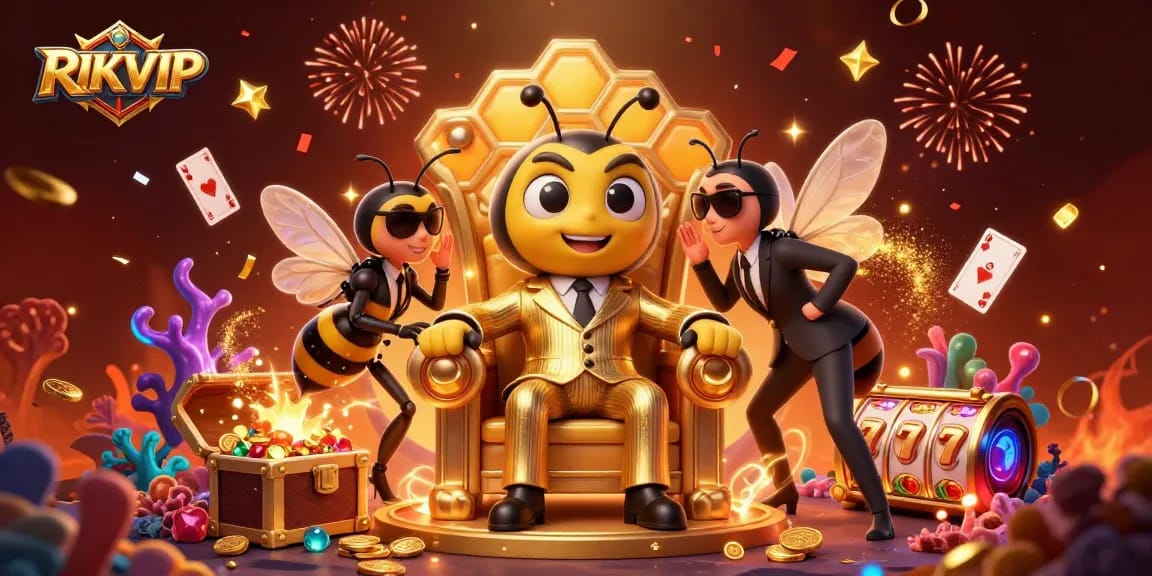 Experience the thrill of RIKVIP casino with dynamic 3D characters amidst exciting slot games and festive celebrations.