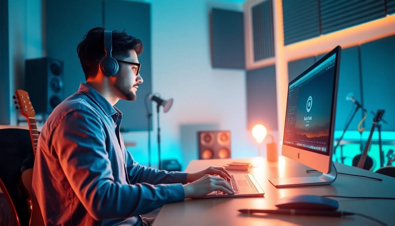 使用汽水音乐电脑版的音乐家在现代工作室中创作音乐,营造出富有创意的氛围。