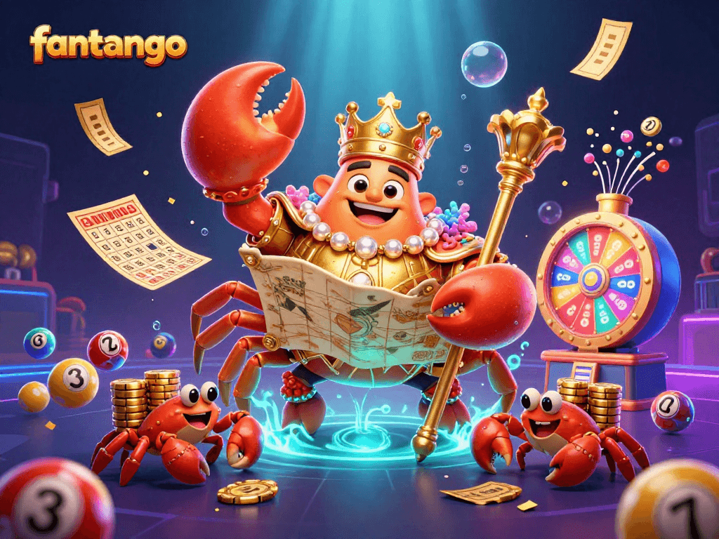 Engage in the vibrant world of fantango, featuring a golden crab emperor amidst colorful lottery elements.