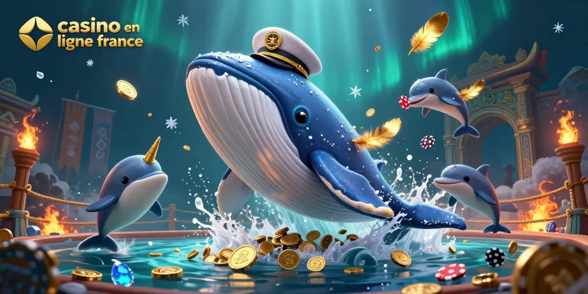 Illustration dynamique d'un casino en ligne France avec une baleine, un narval et des dauphins jonglant.