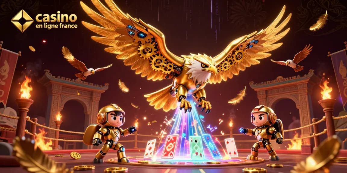 Casino en ligne France : aigle cybernétique sur un fond vibrant avec cartes et éléments de jeu.