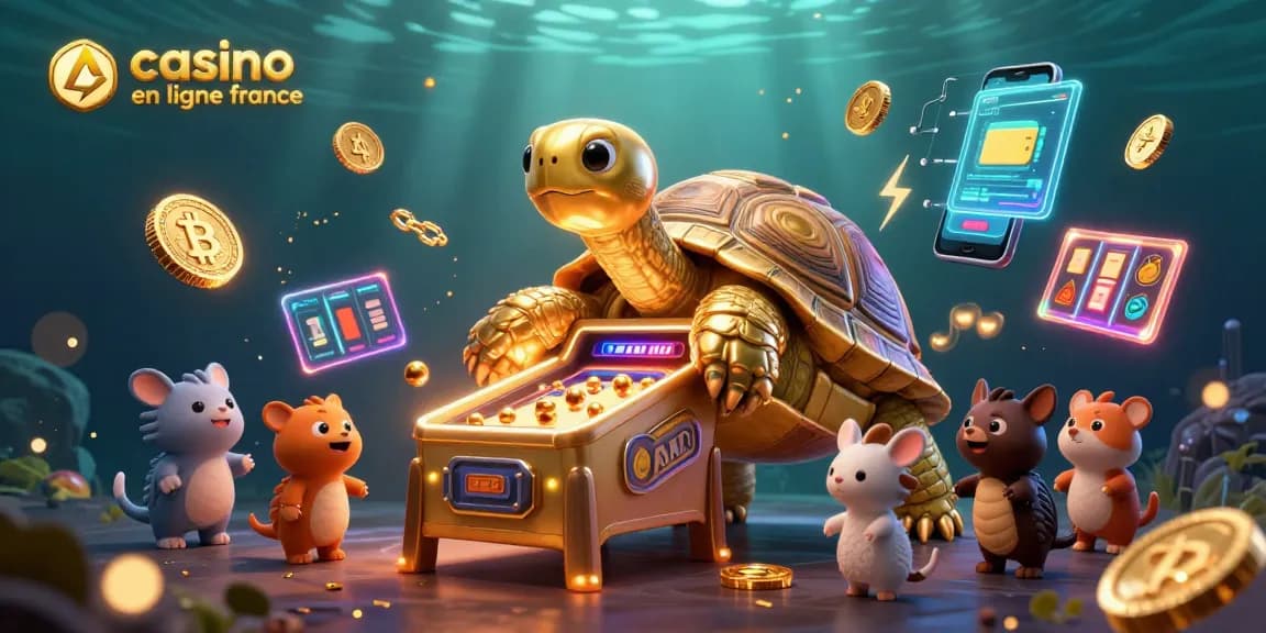 Jouez au casino en ligne France avec une tortue dorée en pinball entourée de pièces de crypto.