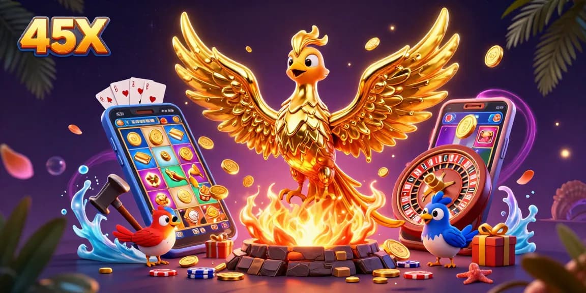 Experience the thrilling 45X gaming adventure with a golden phoenix, coins, and slot games.