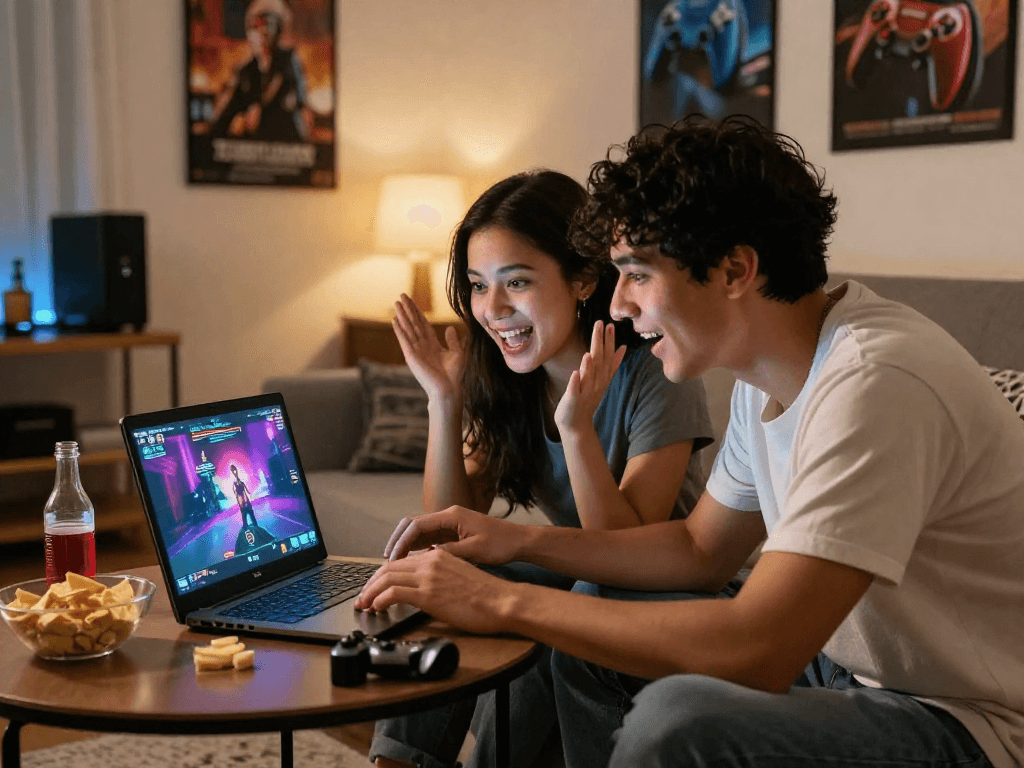Couple immersed in a real sex game on a laptop in an inviting living room.