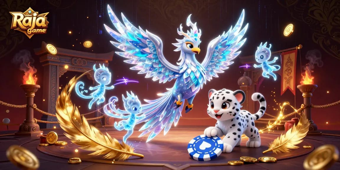 Engage with Raja game excitement featuring a phoenix and ice sprites around dynamic gambling elements.