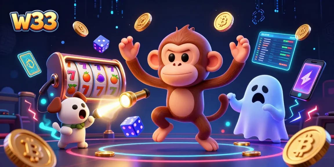 Experience the thrill of w33 pokies with animated characters in a vibrant casino scene.