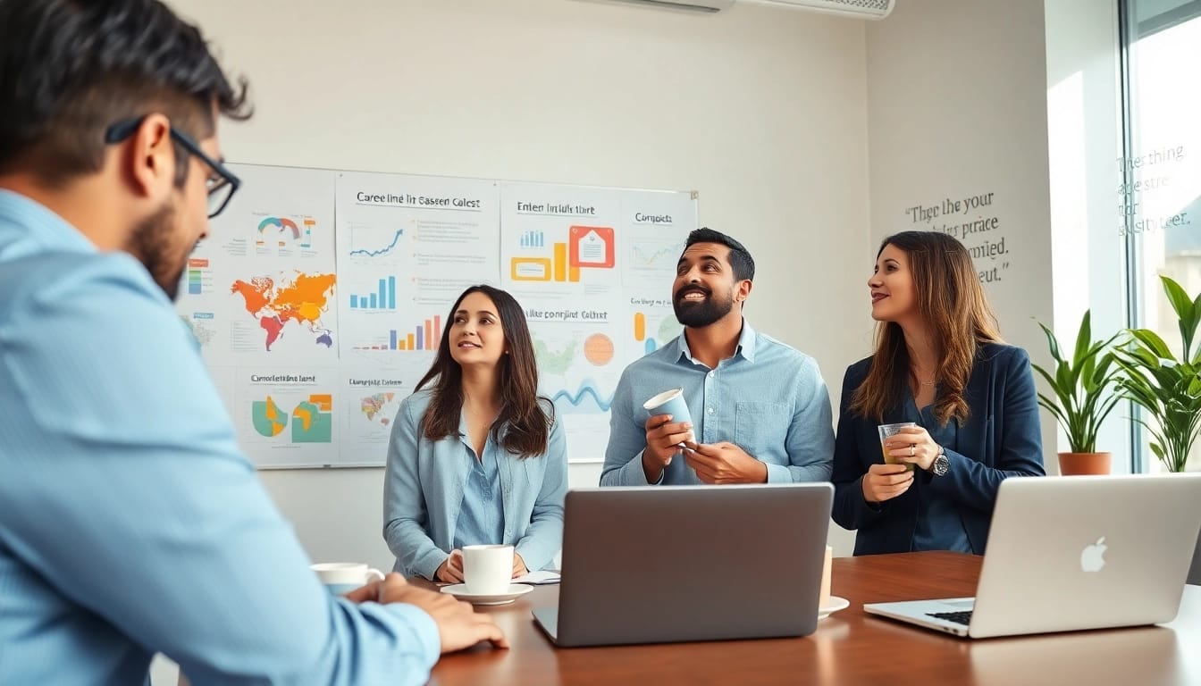 Persuasive visual of career seekers considering their ideal career in a collaborative office setting.