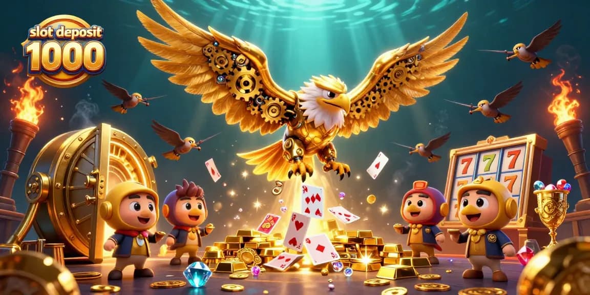 Engage with slot deposit 1000 gameplay featuring a golden eagle racing through slot reels and jewels.