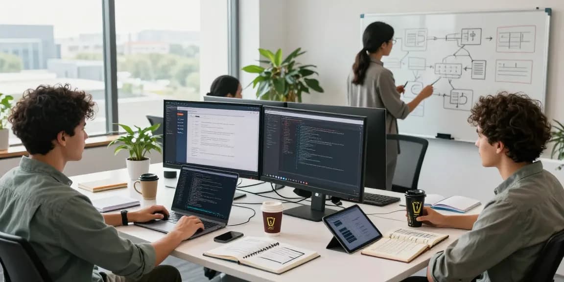 Team collaborating to build internal tools with AI in a modern office setting, showcasing creativity and technology.