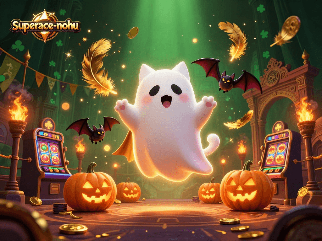 Experience thrilling gameplay in superace-nohu with a friendly ghost cat and vampire bat in a haunted casino.