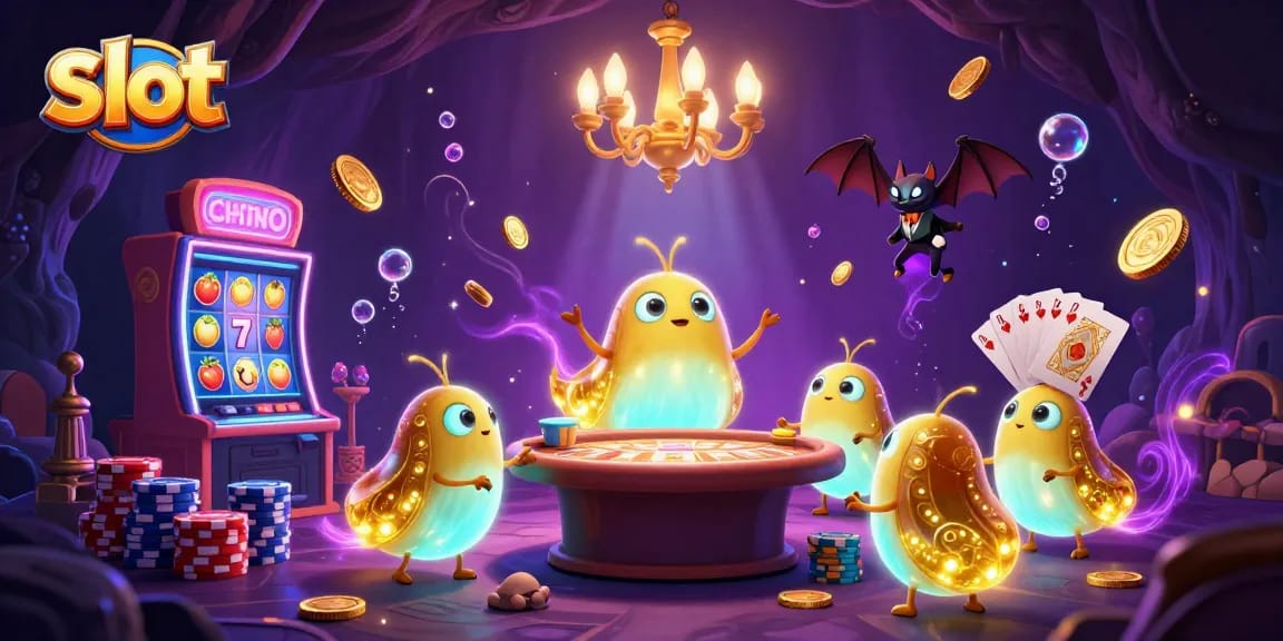 Experience the thrill of slot games with vibrant glowworms illuminating a cave casino, showcasing jackpot excitement.