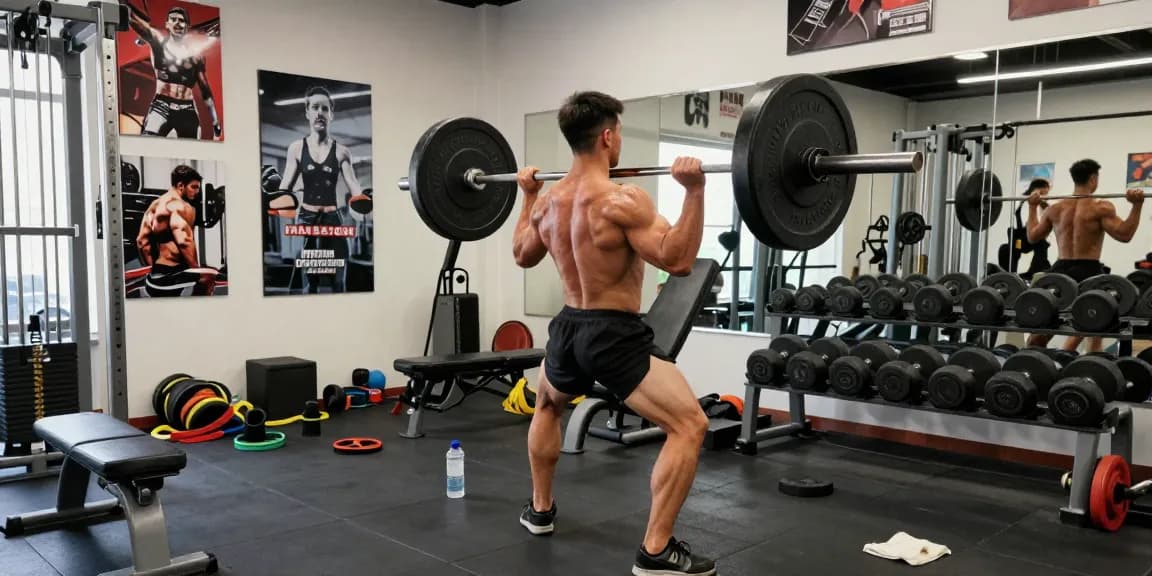 Bodybuilder lifting weights in a vibrant gym setting, highlighting the Steroid Shop culture of muscular growth and strength.
