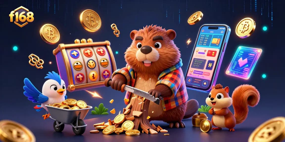 Experience exciting gameplay at f168 with vibrant slot reels and coins falling from a tree.