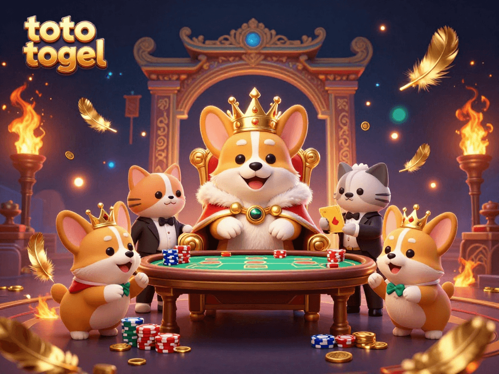 Engage with the excitement of toto togel at a vibrant online casino scene featuring crowned corgi royalty.