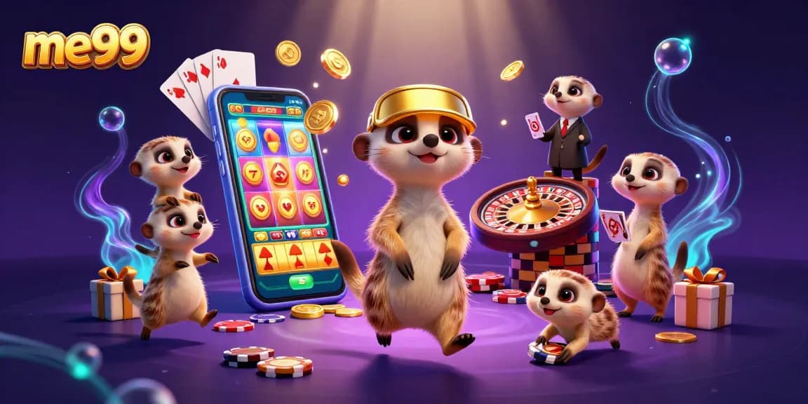 Watch the meerkats of me99 managing a vibrant casino scene filled with action and excitement.