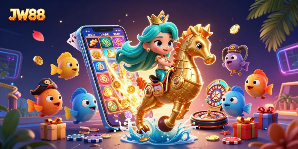Engage with dynamic gambling fun at JW88's stunning underwater casino world, showcasing vibrant characters and gaming elements.