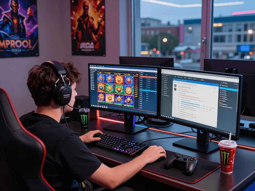 Engaging MPOCASH gaming portal scene showcasing an intense gamer immersed in vibrant slot games and real-time RTP statistics, reflecting the excitement of online betting.
