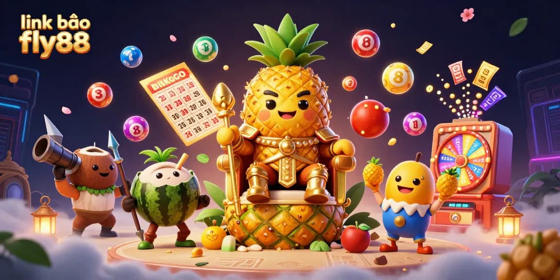 Engage in the excitement with link vào fly88 at a vibrant beach casino featuring a golden pineapple king.