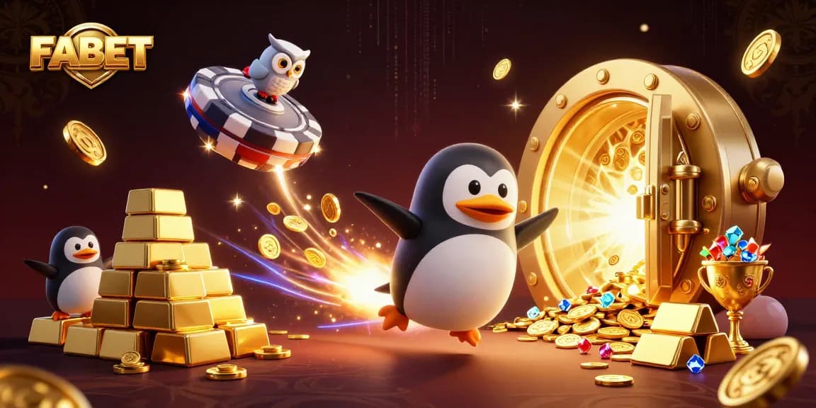 Engage with FABET: A 3D cartoon penguin racing towards a vibrant casino themed poker chip